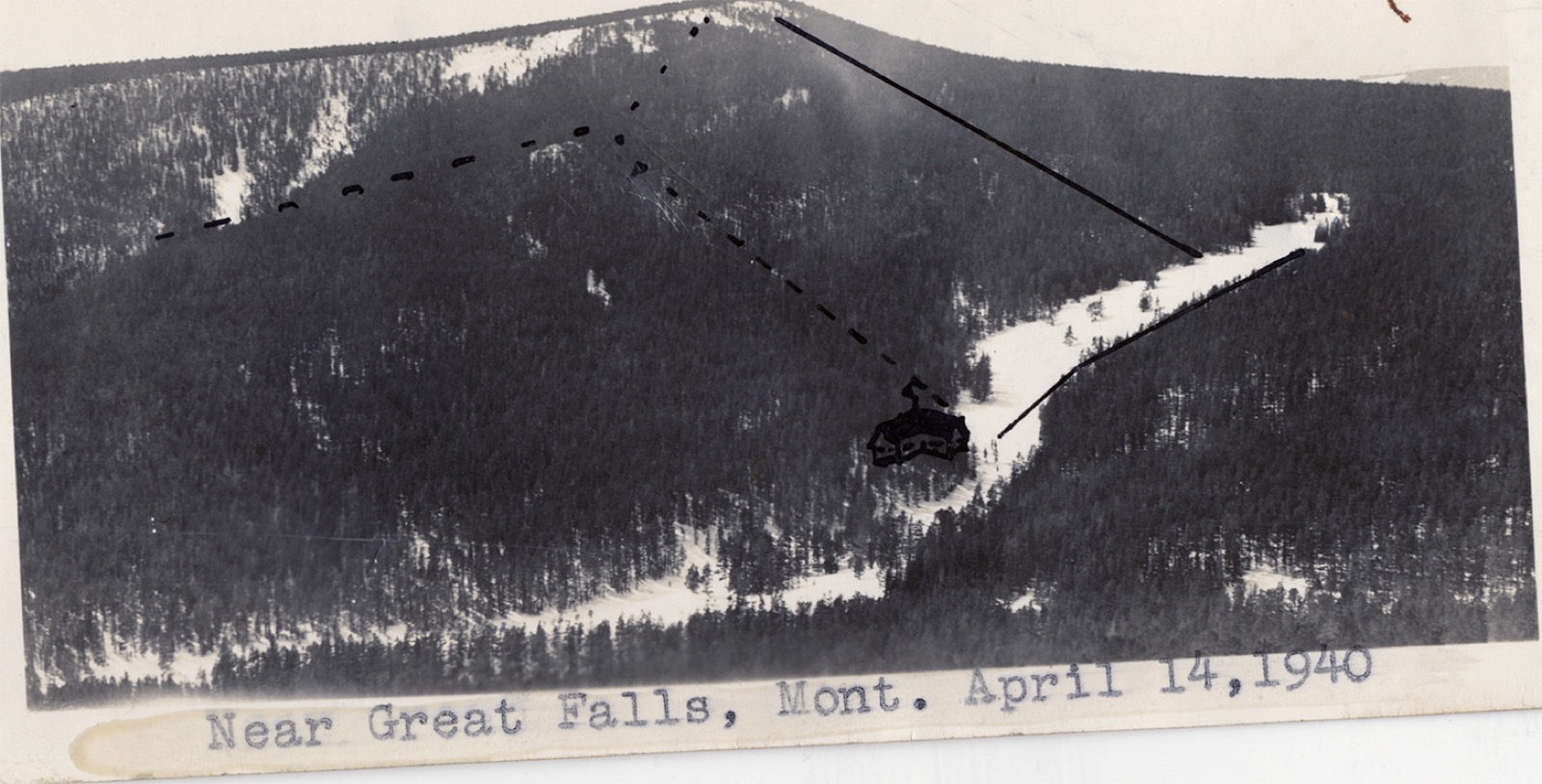 Press photograph of the Kings Hill slopes with the runs marked in ink, captioned Near Great Falls, Mont. April 14, 1940
